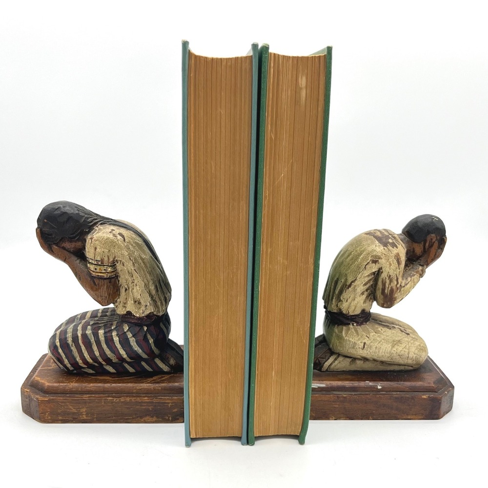 Vintage Mexican Hand Carved Wood Kneeling Praying Figures Bookends Folk Art